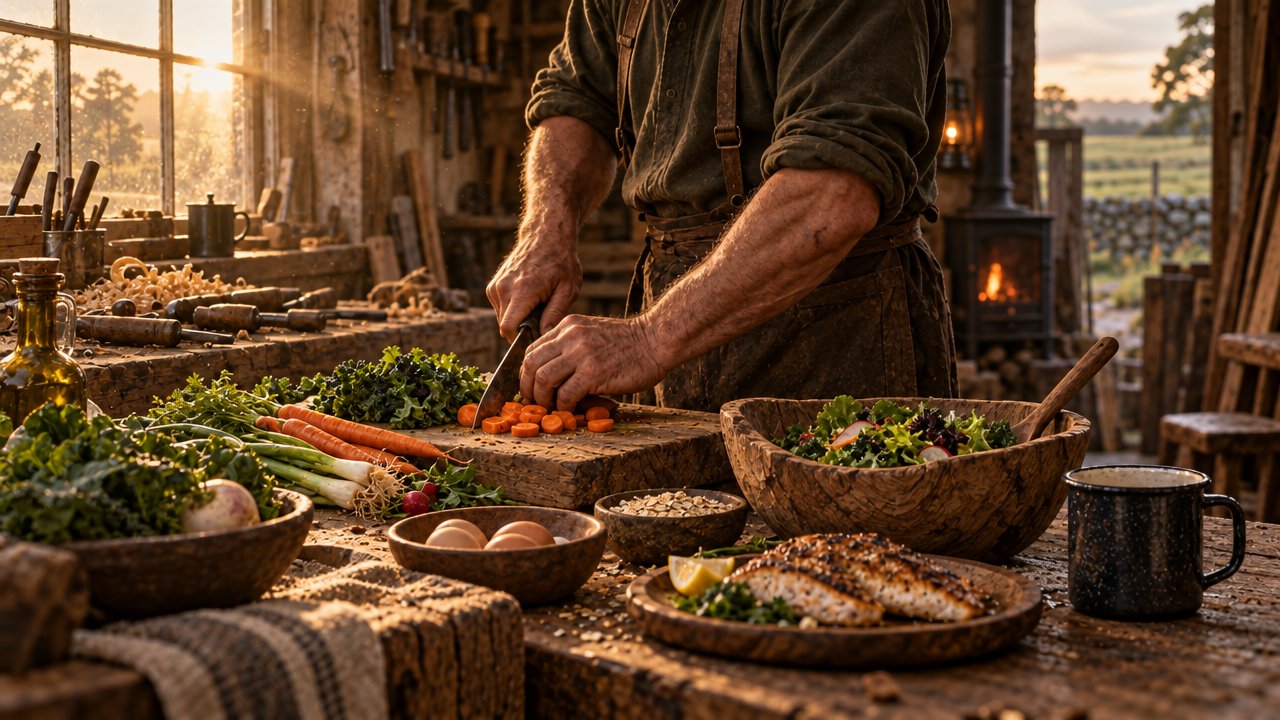 Hands chopping fresh vegetables on an oak board at the end of the workbench, beside eggs, oats and a bowl of salad