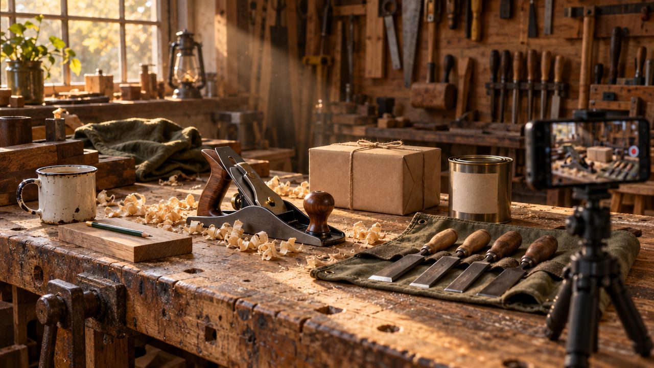 A new hand plane and chisels on a canvas tool roll, a parcel and a tin of finish on a workbench, with a phone on a tripod ready to film