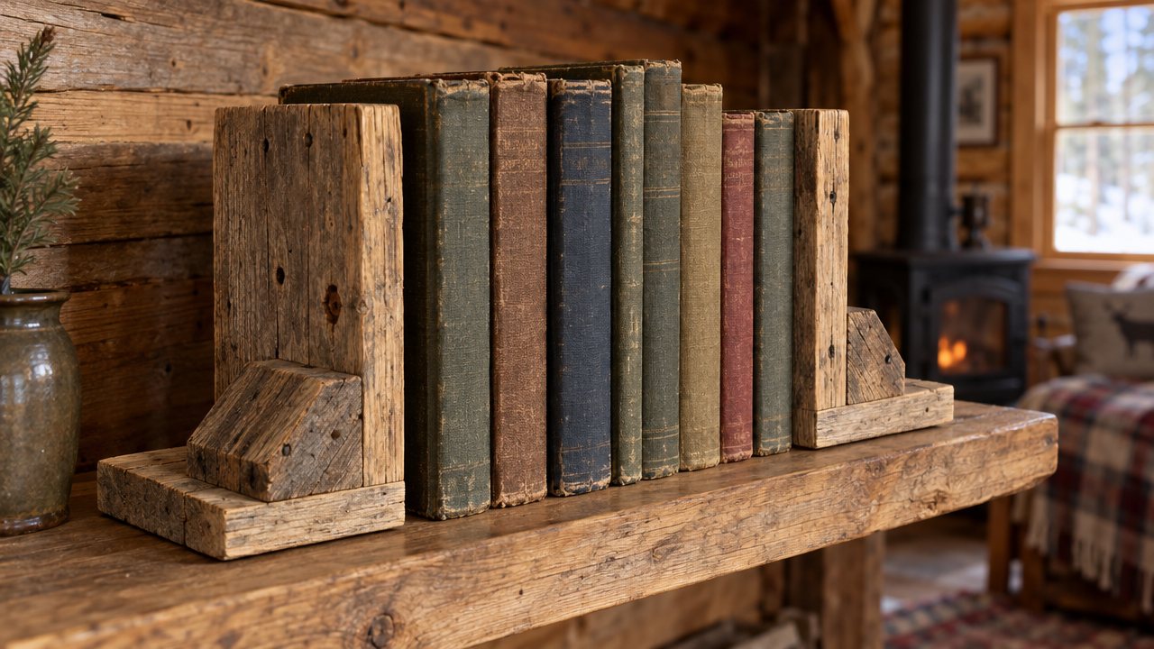 A pair of L-shaped pallet-wood bookends holding a row of old hardback books on a shelf