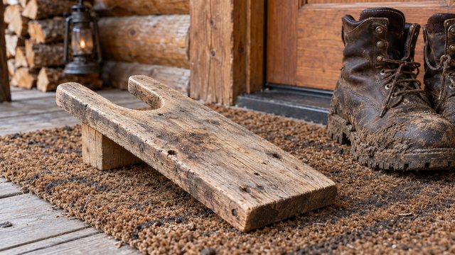 A pallet-wood boot jack with a rounded notch beside muddy leather work boots on a doormat