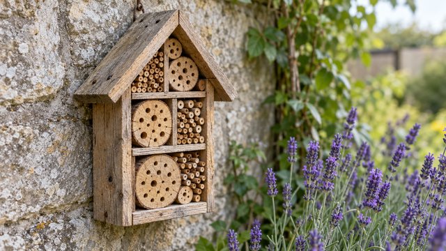 A small house-shaped pallet-wood insect hotel filled with drilled blocks and sticks on a garden wall by lavender