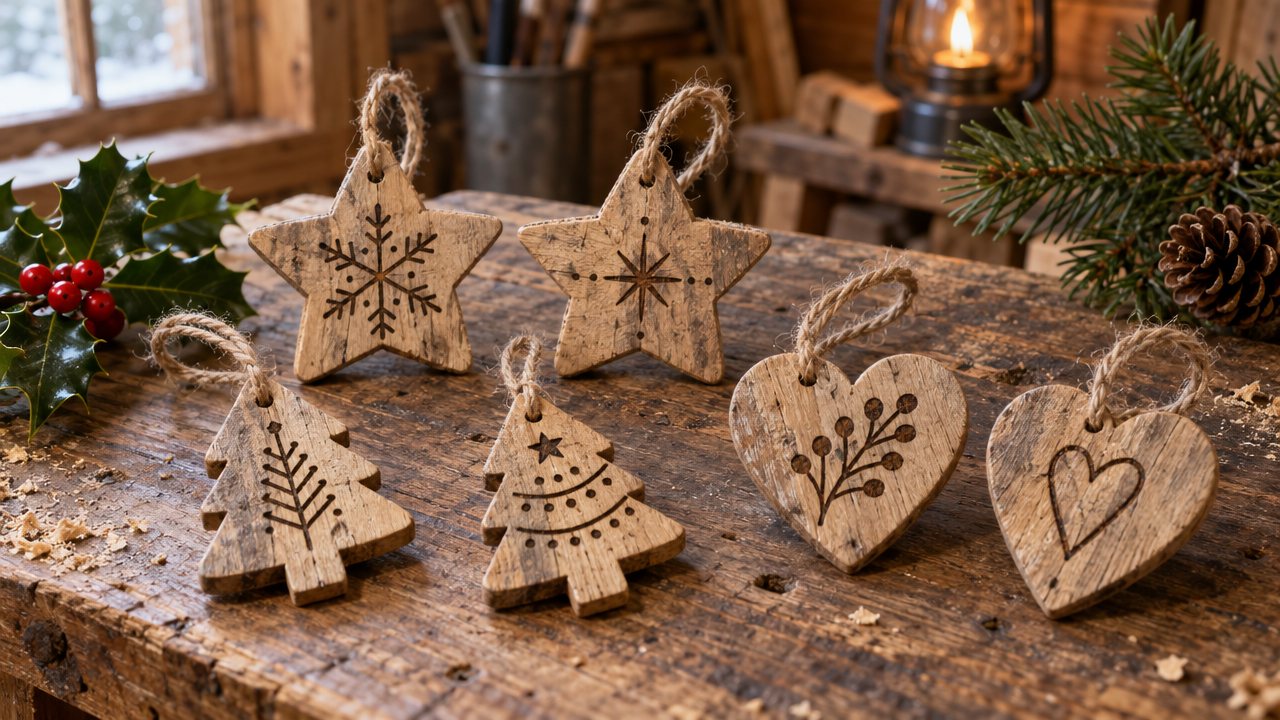 Six small pallet-wood Christmas decorations, stars, trees and hearts with jute loops, beside holly