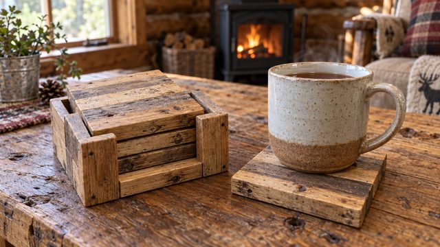 A set of square pallet-wood coasters in a matching holder, one under a mug of tea