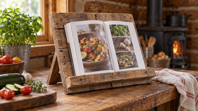 A pallet-wood cookbook stand holding an open recipe book on a kitchen worktop