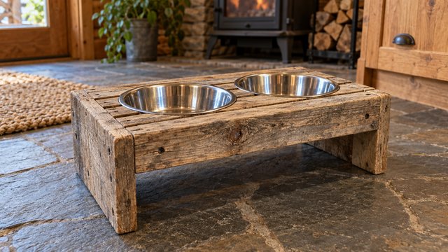 A raised pallet-wood dog bowl stand with two stainless steel bowls on a slate kitchen floor