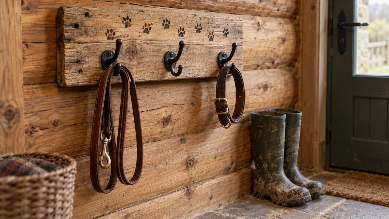 A pallet-wood dog lead hanger with burned paw prints and three iron hooks holding a lead and collar