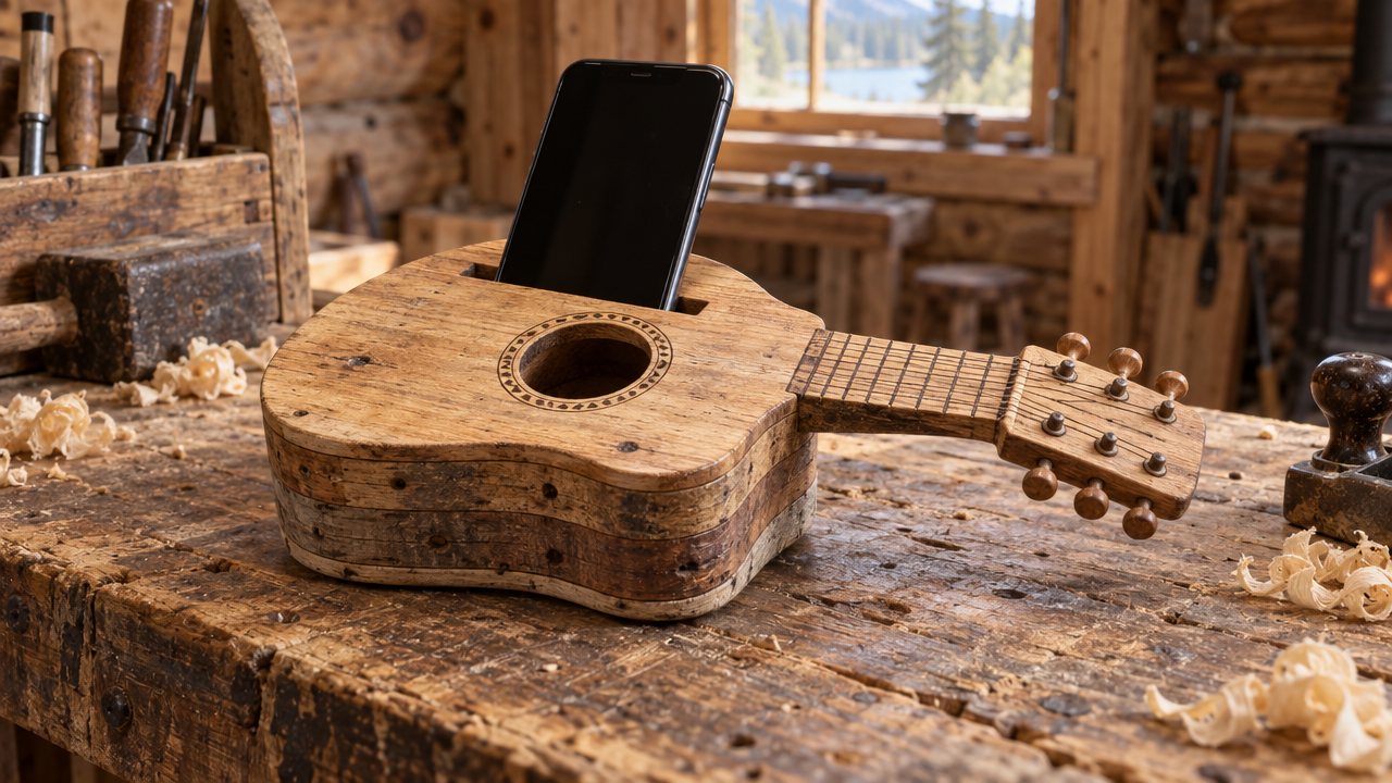 A small acoustic guitar body made from layered pallet wood, with a soundhole, a burned rosette and a phone standing in a slot in the top