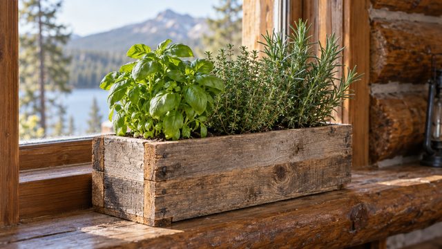 A small reclaimed pallet-wood planter of basil, thyme and rosemary on a windowsill