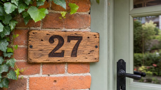 A pallet-wood house number plaque with a large burned number 27 on a brick wall by a front door
