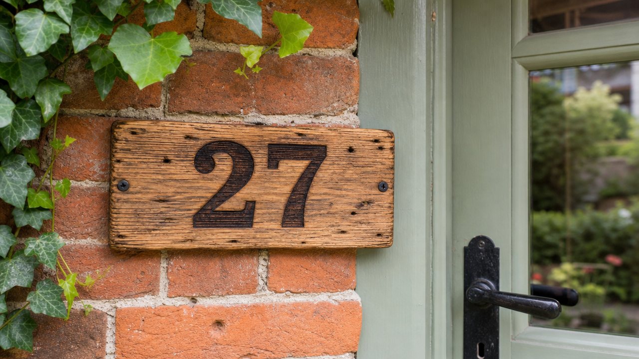 A pallet-wood house number plaque with a large burned number 27 on a brick wall by a front door