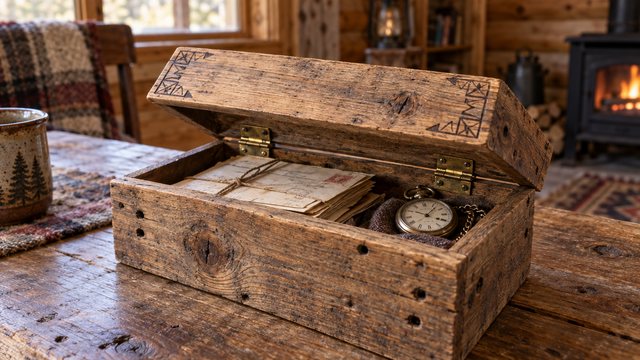 A small pallet-wood keepsake box with a hinged lid half open showing old letters and a pocket watch