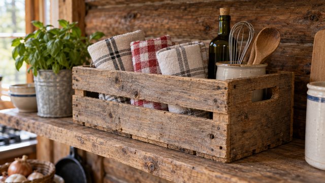 A small pallet-wood slatted crate with hand holes holding rolled tea towels on a kitchen shelf