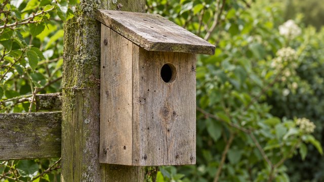 A reclaimed pallet-wood bird nest box with a sloping roof and round entrance hole fixed to a mossy garden post