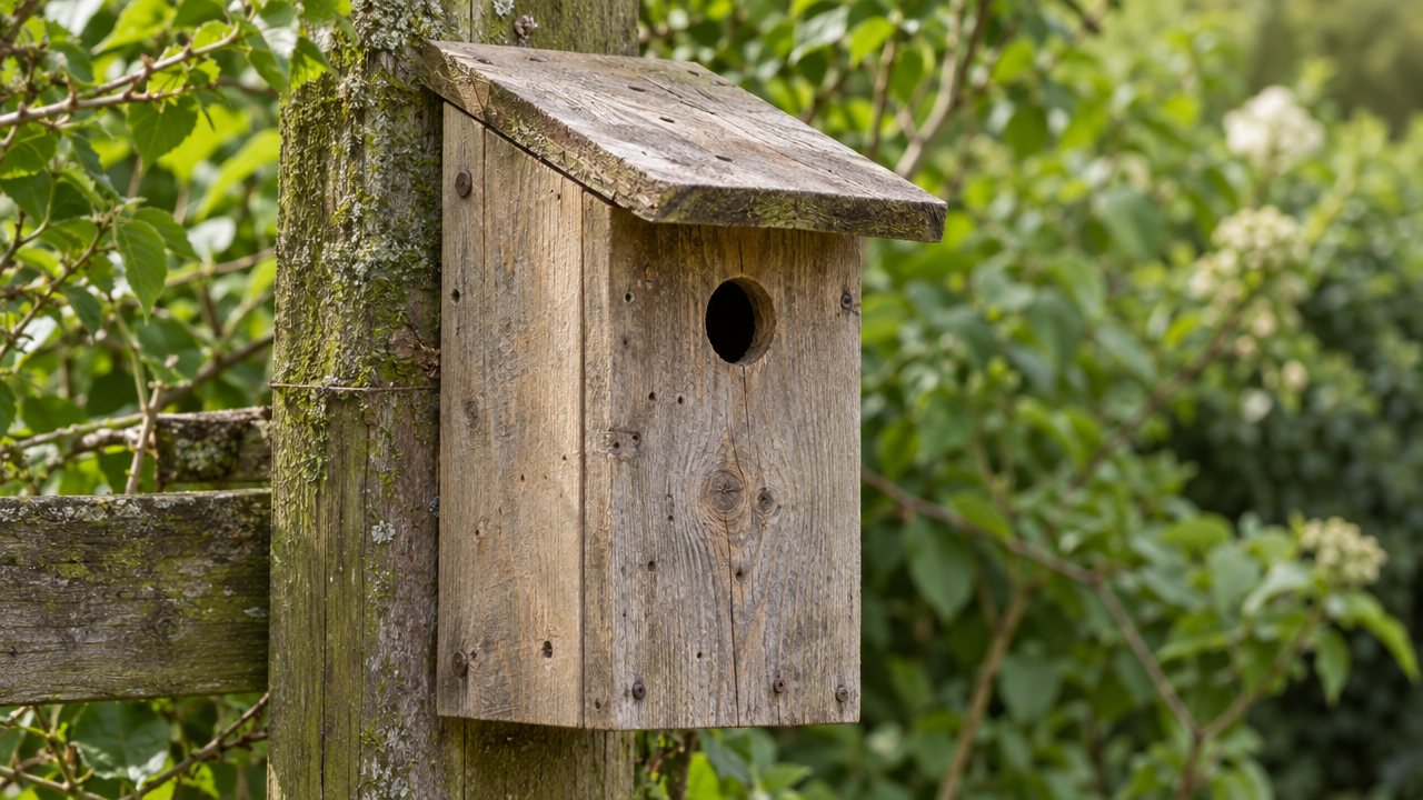 A reclaimed pallet-wood bird nest box with a sloping roof and round entrance hole fixed to a mossy garden post