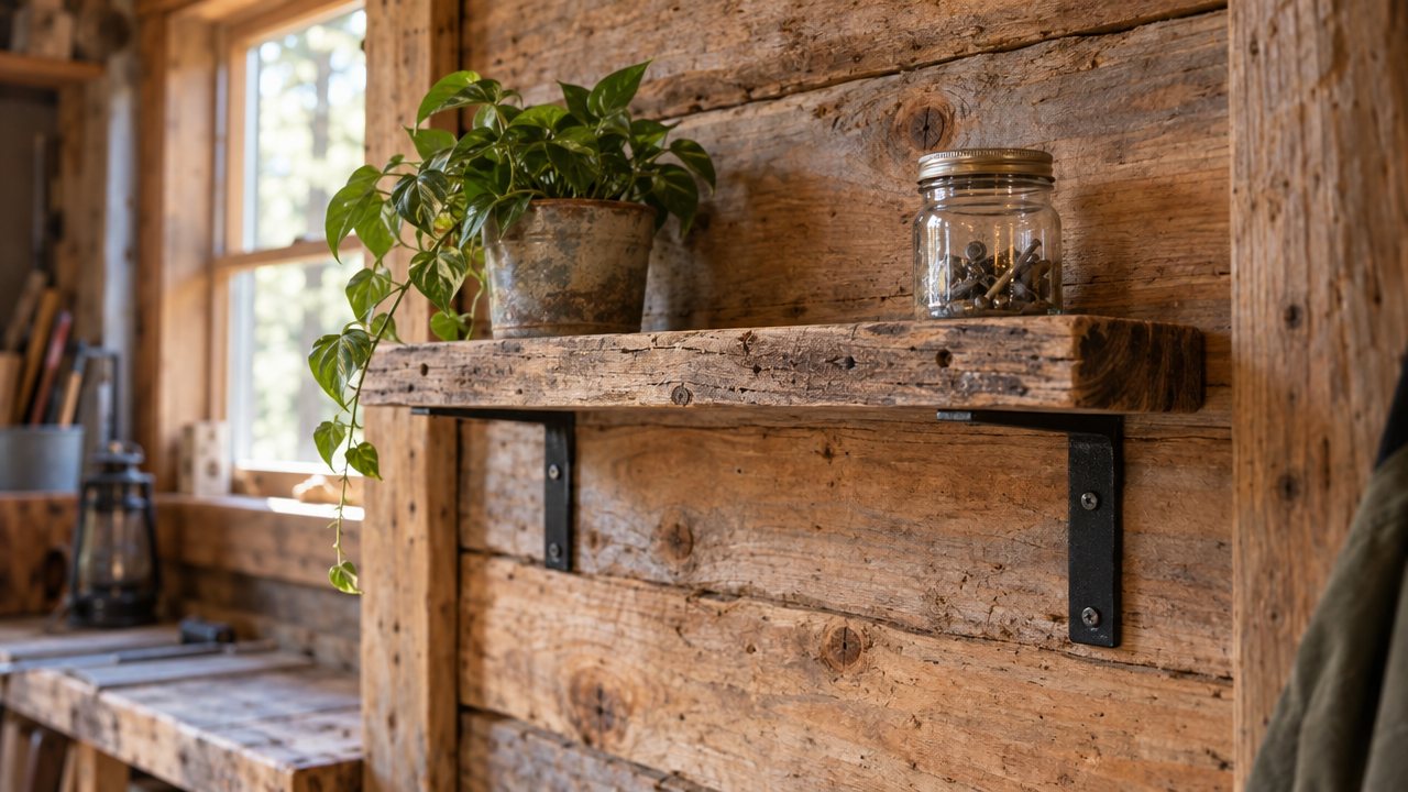 A single reclaimed pallet-wood shelf on black brackets holding a small plant and a jar against a log-cabin wall