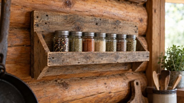 A pallet-wood spice rack with a front rail holding small glass jars on a kitchen wall
