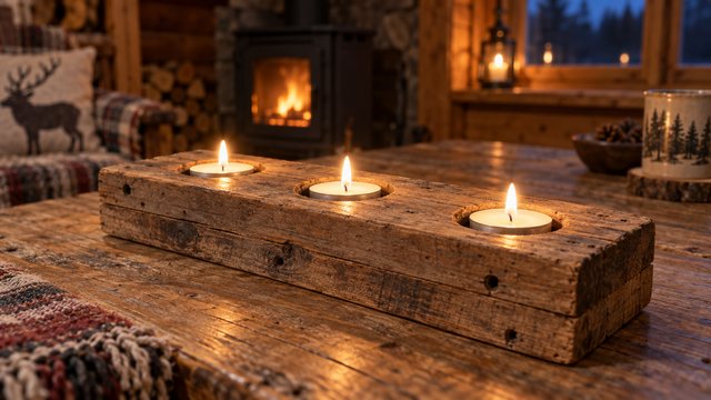 A chunky pallet-wood block holding three lit tealights on a rustic table in the evening