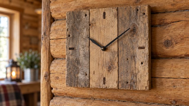 A square wall clock of three pallet planks with black hands and burned hour marks on a log-cabin wall