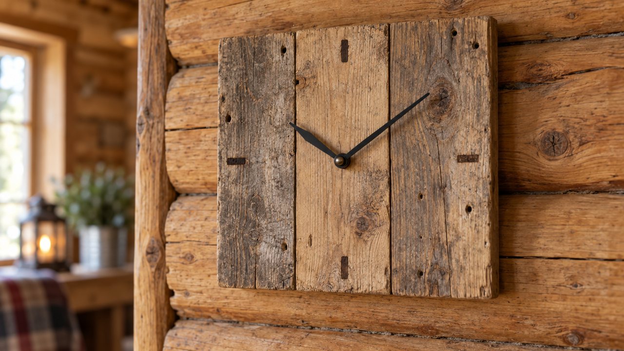 A square wall clock of three pallet planks with black hands and burned hour marks on a log-cabin wall