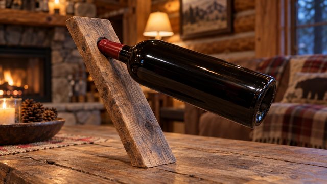 A reclaimed pallet-wood balancing wine holder with a bottle seeming to float at an angle